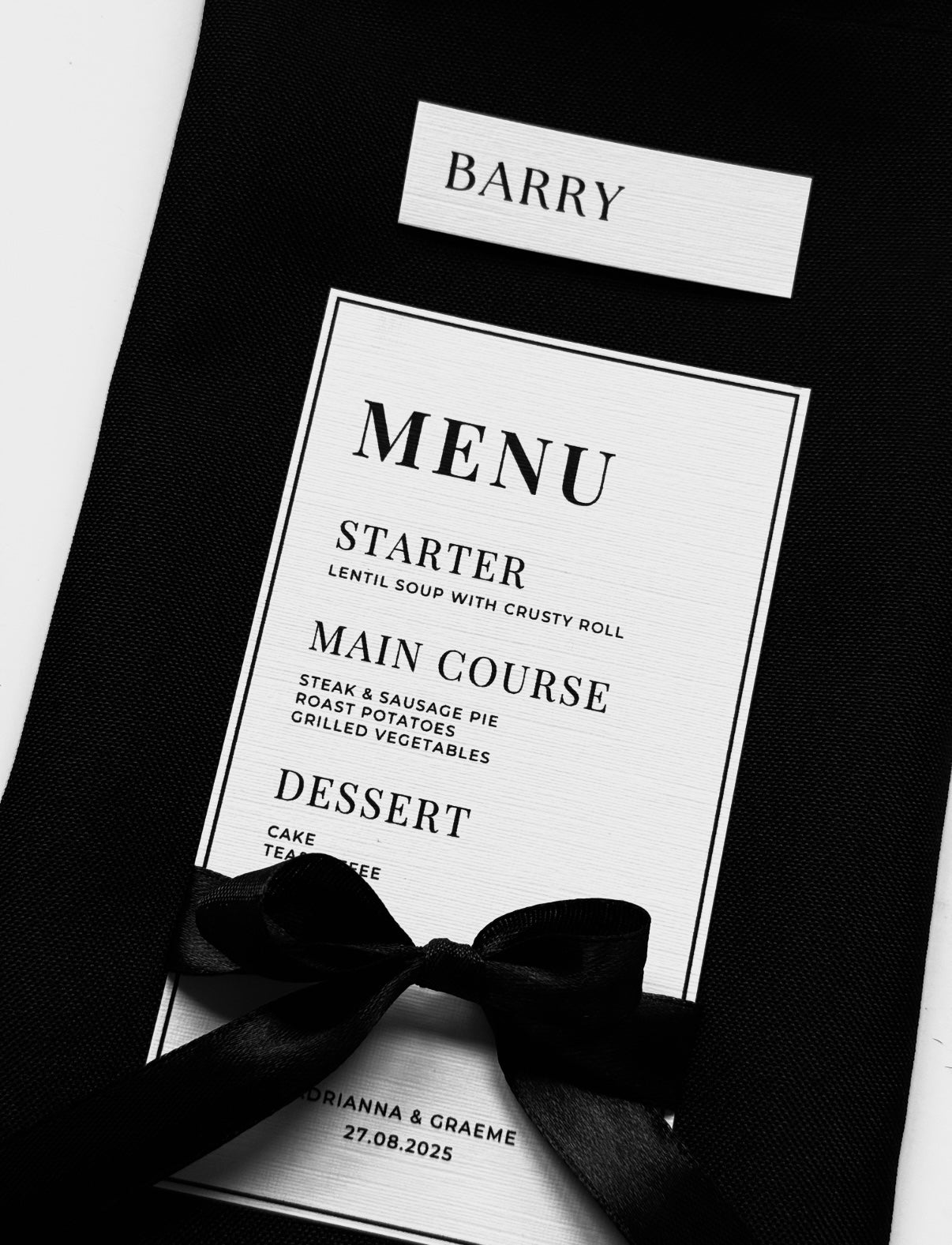 Wedding Menu Card + Bow | Printed 5x7 Wedding Menu Cards | Textured Cardstock | Wedding Stationery