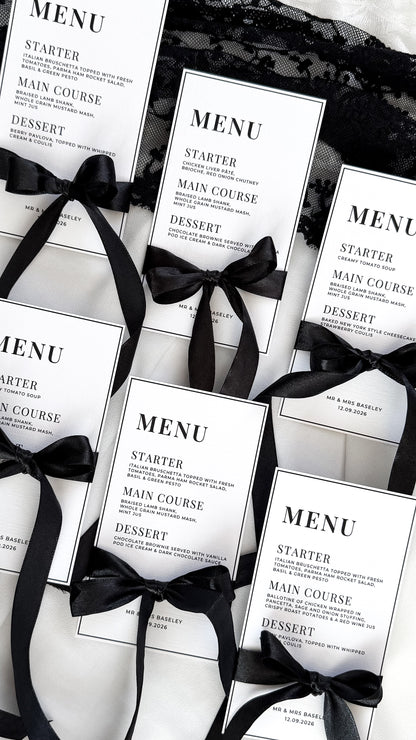 Wedding Menu Card + Bow | Printed 5x7 Wedding Menu Cards | Textured Cardstock | Wedding Stationery