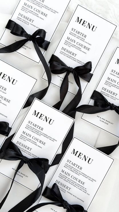 Wedding Menu Card + Bow | Printed 5x7 Wedding Menu Cards | Textured Cardstock | Wedding Stationery
