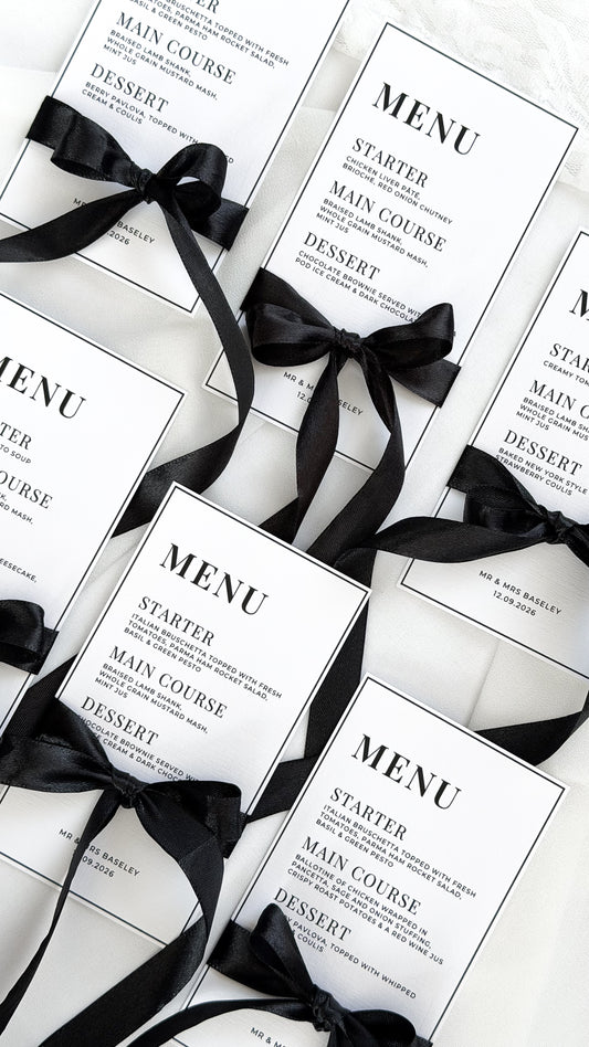 Wedding Menu Card + Bow | Printed 5x7 Wedding Menu Cards | Textured Cardstock | Wedding Stationery